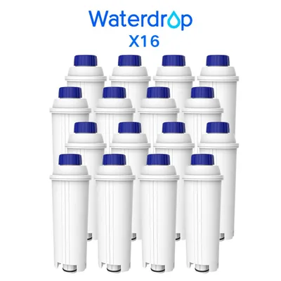 A group of water filter cartridges arranged in rows on a white background.