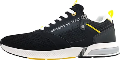 A side view of a black sneaker with white laces and yellow accents.