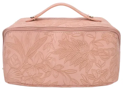 Produktbild von Kosmetiktasche aus Kunstleder, 180¡ã-öffnung, großes Fassungsvermögen, multifunktionale Fächer, flache Kosmetiktasche, rosa