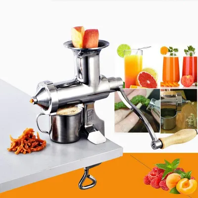 A collage of images showing a manual juicer, glasses of juice, fruits, and vegetables.