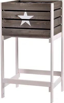 A wooden planter box with a star design on a white background.