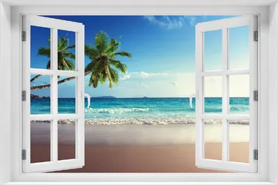 Produktbild von Wallario Poster mit Fenster-Illusion: Sandstrand auf den Seychellen - Urlaub unter Palmen, Größe: 100 x 150 cm