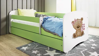 Image de Lit d'enfant Lit d'adolescent Teddybärblumen 70x140, 80x160, 80x180 cm - Set complet avec matelas, tiroir & protection antichute
