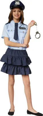 A young girl dressed as a police officer, holding handcuffs.