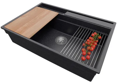 Produktbild von PRIMAGRAN Spülbecken Anthrazit 78x53cm, Granitspüle 1 Becken + Ablauf-Set + Küchenzubehörset, Küchenspüle ab 80er Unterschrank - Oslo Pocket