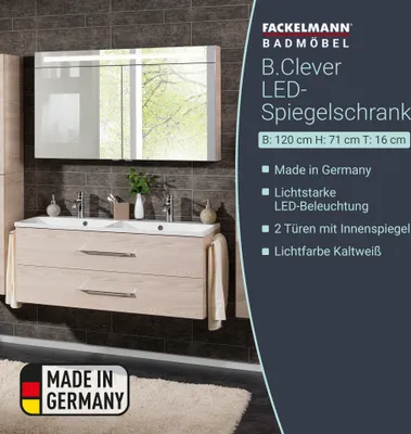 Produktbild von FACKELMANN Spiegelschrank B.CLEVER / zweitürig / Spiegelschrank mit gedämpften Scharnieren / Maße (B x H x T):ca. 120 x 71 x 16 cm / hochwertiger Schrank / Möbel fürs WC und Bad / Korpus: Braun hell