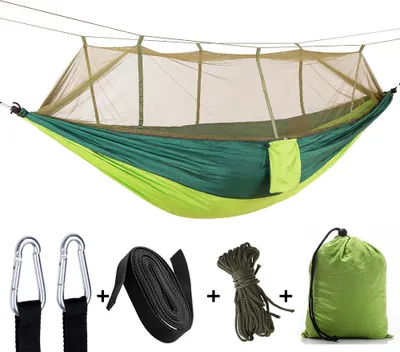 Obrázek produktu pro Camping Hammock se zipem Mosquito Net a plachtou, 300kg nosnost Hammocks Prodyšná moskytiéra Rychlé sušení padáku Plachta pro kempování Turistika Cestovní dvůr (Ovoce Zelená houpací síť + Zelená Baldachi)