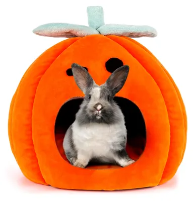 Produktbild von Halloween Kürbis Kaninchenbett, Waschbare Kuschelhöhle für Kaninchen, Plüschbett für Meerschweinchen, Chinchillas, Frettchen und andere Kleintiere 30×30×30cm
