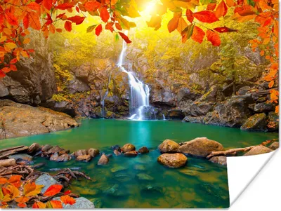 Produktbild von MuchoWow® Poster Steine - Baum - Wasserfall - Herbst - Rot 160x120 cm - Foto Plakat