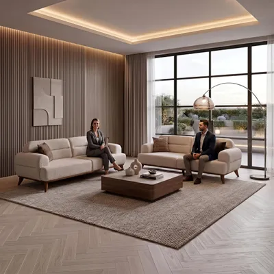 Immagine prodotto di Divano componibile: 2 divani a 3 posti, design scandinavo moderno, tessuto beige bouclé