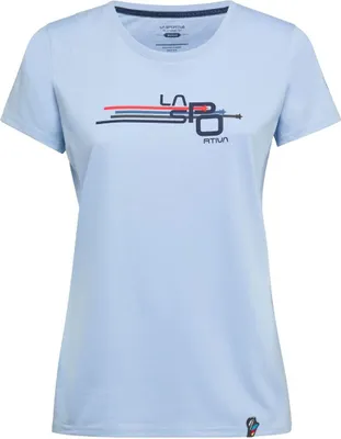 Hellblaues T-Shirt für Damen mit dem Aufdruck "La Sportiva" und farbigen Linien in Rot und Blau.