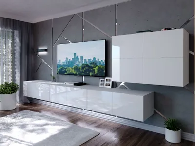 A modern living room with a wall-mounted TV unit.