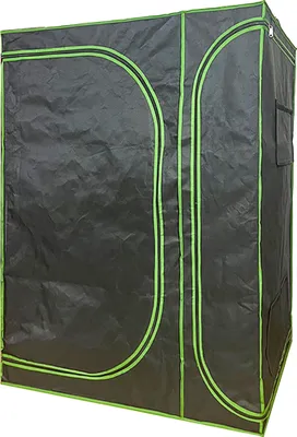 A closed grow tent with green trim.