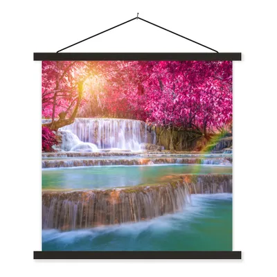 Produktbild von MuchoWow® Textilposter Wasserfall - Regenbogen - Bäume - Rosa - Natur 40x40 cm mit schwarzem Rahmen - Fotos