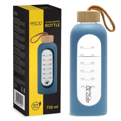 Produktbild von 4FIZJO Glas Trinkflasche 750 ml, Sportflasche, Borosilikat, Bambusdeckel, Silikonhülle, blau