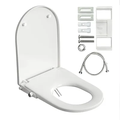 A white toilet seat with a bidet function and its accessories are displayed on a white background.