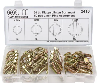 Produktbild von CCLIFE Klappstecker Klappsplinte Klappsplinten Sortiment Bolzen 4,5-6-8-11mm 50 tlg KFZ