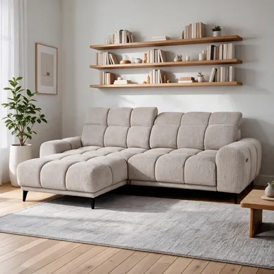 Produktbild von Ecksofa L-Form MARCO MINI 275 x 182 cm Linke, Modernes Sofa mit elektrische Sitztiefenverstellung, verstellbare Kopfstützen, Beige Chenille