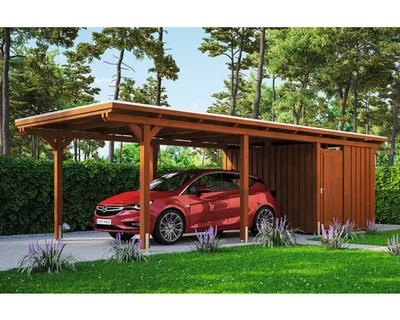 Produktbild von Einzelcarport SKAN HOLZ Emsland inkl. Abstellraum, Pfostenanker 354 x 846 cm nussbaum