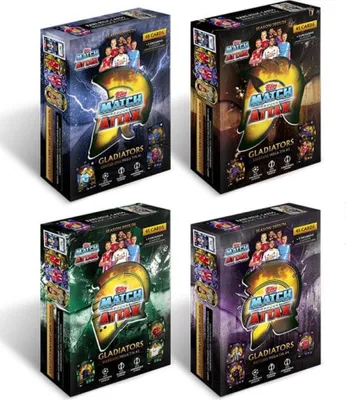 Four boxes of Topps Match Attax trading cards, each with a different background color theme.