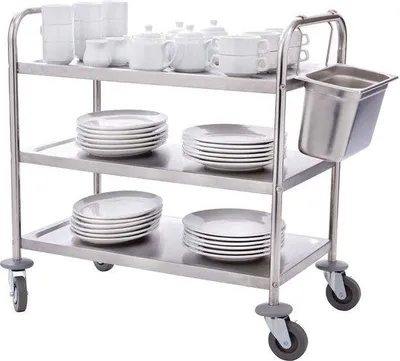 Immagine prodotto di Carrello di servizio in acciaio con 3 ripiani, carrello per catering, carrello per hotel e ristoranti con ruote, carrello di trasporto in acciaio (2 ruote con freno, 2 senza freno) (950 x 500 mm)