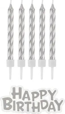 Obrázek produktu pro Svíčky narozeniny - Happy Birthday - stříbrné - 16 ks - 7 cm