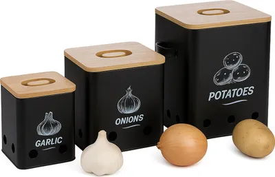 Produktbild von Relaxdays Kartoffel Aufbewahrungsbox, Zwiebeln, Knoblauch, 3er Set, mit Löchern, Metall, Bambusdeckel, schwarz/natur