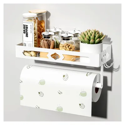 Produktbild von Gewürzregal mit Küchenrollenhalter und Haken, Gewürzregal Wand Ohne Bohren, Gewürz Organizer für Küchen, Weiß