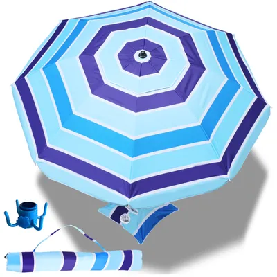 Zdjęcie produktu dla Clanmacy Parasol plażowy Parasol przeciwsłoneczny 210 cm UV 50+ Parasol ogrodowy Funkcja pochylania Parasol balkonowy z kołkiem do mocowania w ziemi