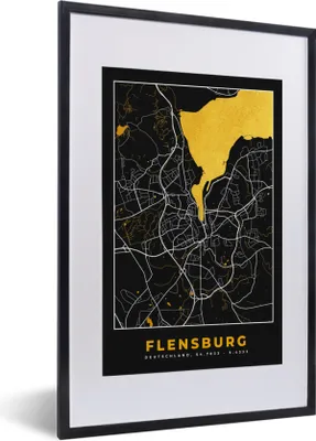 Produktbild von MuchoWow® Gerahmtes Poster Flensburg - Gold - Stadtplan - Karte - Deutschland 40x60 cm - Poster mit Schwarzem Bilderrahmen Wandposter Rahmen Foto Bilder - Poster in Rahmen