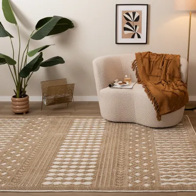 Produktbild von Volero - Waschbarer Teppich - Dunya Geo Beige Weiß - 200x290 cm - Wohnzimmer, Esszimmer, Schlafzimmer - Boho, Klassik, Ländlich, Modern, Skandinavisch