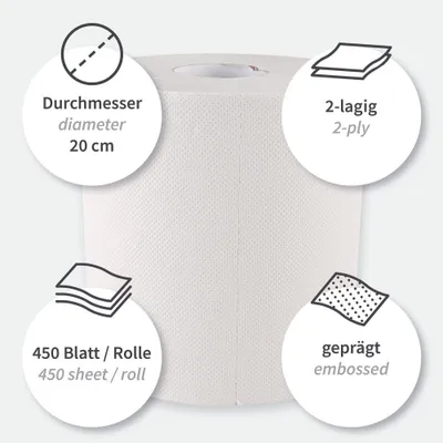 Zdjęcie produktu dla 1x HygoClean 30417 Papierhandtuchrollen 2-lagig weiß Recyclingpapier Innenabwicklung 20 cm x 1125 m 450 Blatt/Rolle