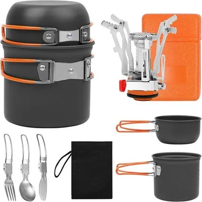 Produktbild von Famanu Campinggeschirr Set 8-teilig – Ideal für 1-2 Personen – Platzsparendes und leichtes Kochgeschirr