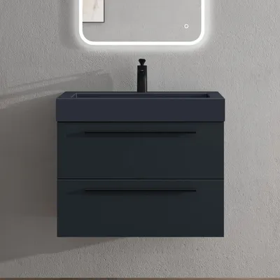 Image de doporro Meuble de Salle de Bains Gris Noir Mat Ensemble de 2 Pièces Meuble Suspendu avec Lavabo 73 cm Design Quadratto