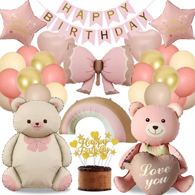 Productafbeelding van Beerdecoratieset - Met ballonnen en feestaccessoires - Voor kinderfeestjes - Roze