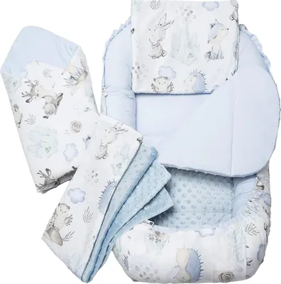 Produktbild von 5 Teile, Babynestchen, Krabbeldecke, 100x60x15, Hirsch Igel mit Hellblau Minky