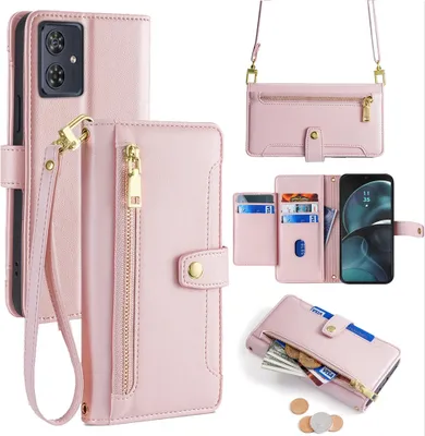 Produktbild von Handykette Motorola Hülle mit Band Handyhülle Kartenfächer Leder Umhängetasche Moto G14 Rosa