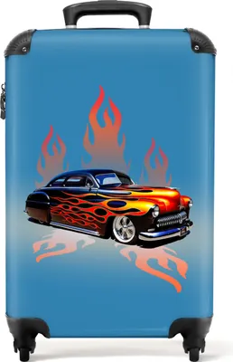 Produktbild von NoBoringSuitcases.com® Koffer Handgepäck Trolley Rollkoffer Kleine Reisekoffer mit 4 Rollen - Auto - Flammen - Feuer - Blau - Vintage - Cabin Size < 55x40x23 cm & 55x40x20 cm - Fotokoffer - Kabinenkoffer - BoardgepäckHandgepäck Koffer 55x35x20 cm, 36L,