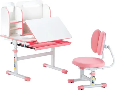 Image de Bureau pour enfants avec bibliothèque, réglable en hauteur, en rose - Bureau pour enfants