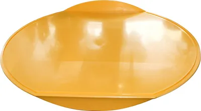A yellow plastic cutting board is shown against a white background.