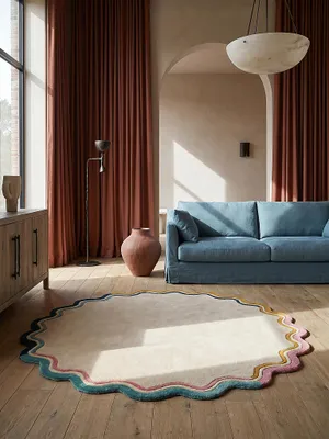 Produktbild von Teppich Kurzflor WINCH Wellen Bordüre Wolle Rund Ø 180 cm Multi verspielt retro wohnlich handgetuftet Wollteppich formstabil | Kadima Design