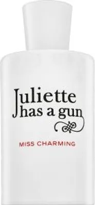 A white bottle of perfume with the brand name and product name printed on it.