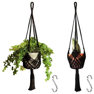 Produktbild von Makramee Pflanzenhänger Blumenampel Hängeampel - 2-teilig - 90 cm - Schwarz - Für Töpfe bis 20 cm