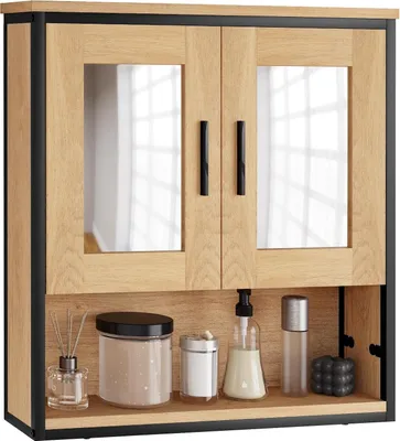 Produktbild von EUGAD Spiegelschrank, Badezimmerschrank hängend, Badschrank mit 2 Spiegeln, Badspiegelschrank mit 3 Ablagen 2 Türen, helle Eiche schwarz