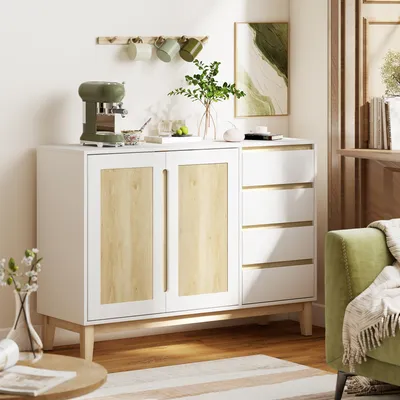 Produktbild von Sideboard im skandinavischen Design Anrichte Weiß Eiche-Optik 120x40x86 cm Kommode mit 4 Schubladen & 2 Türen Küchenschrank Holzwerkstoff Flurschrank