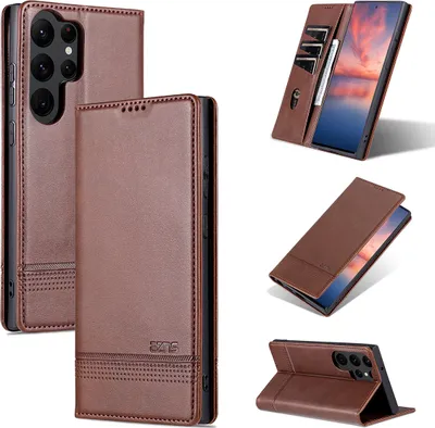 Image de Etui pour Samsung Galaxy S23 Ultra, portefeuille avec fermeture magnétique et support, étui cuir à rabat Café