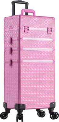 Image de Trolley de rangement pour maquillage, 5 en 1, sur roulettes, grand organisateur, 4 compartiments, 1 couvercle, rose, pour cosmétiques