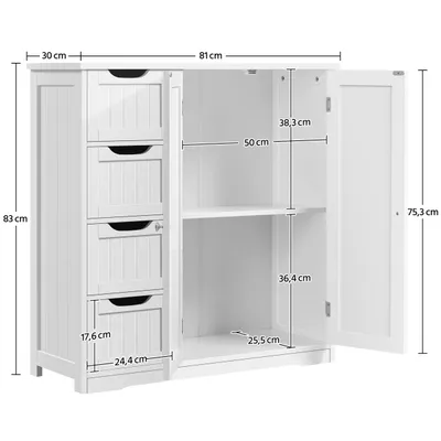 A white bathroom cabinet with drawers and doors, shown with dimensions indicated.