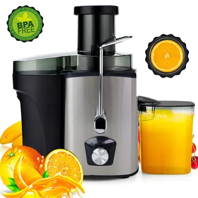A juicer is shown with oranges, bananas, and a glass of juice.