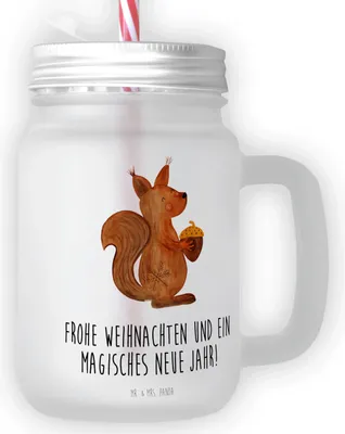 Produktbild von Mr. & Mrs. Panda Glas Eichhörnchen Weihnachten - Transparent - Geschenk, mit deckel, Smoothieglas, Becher Strohhalm, Cocktailglas, Weihnachtsgruß, Frohe, Vogel, Neujahr